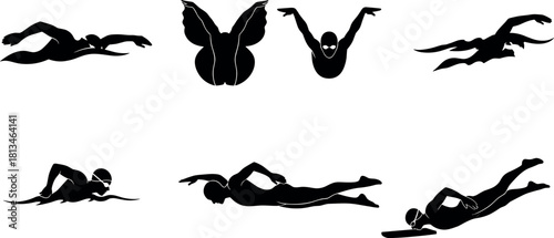 Swimmer silhouettes, competitive strokes, freestyle butterfly backstroke breaststroke motion illustration for sports training – flavector