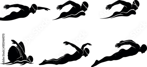Swimmer silhouettes, freestyle butterfly breaststroke poses, competitive swimming motion illustration for sports training design – flavector