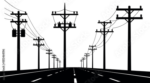 Symmetrical road with utility poles and power lines in perspective – infrastructure depth scene – flavector