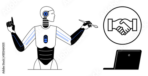 Collaboration concept. A robot interacts with a handshake and laptop, collaborative AI, technology integration, and innovation. Collaboration drives teamwork and futuristic problem solving. For tech