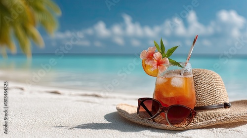 Fototapeta Naklejka Na Ścianę i Meble -  Holiday Lifestyle Concept with Beach Hat and Cocktail