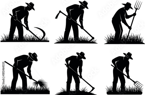 Traditional farmer silhouettes using pitchforks, hoes, and sickles in rural field agricultural work scene - flavector