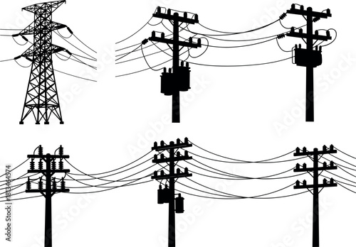 Transmission tower, utility poles, electrical transformers, silhouette infrastructure, power lines, energy grid system, flavector