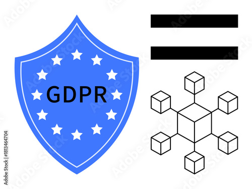 Blue shield with GDPR text and stars, black equality bars, network nodes. Ideal for privacy, security, data protection, European regulations, blockchain tech ethics and cyber principles. Simple