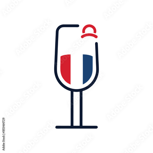 Minimalist wine glass icon with French flag design and a subtle Libra zodiac symbol, representing French culture and lifestyle concepts