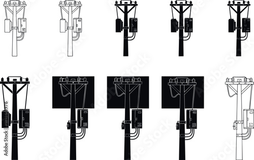Utility pole front and side views, electrical components, transformer boxes, insulators, wiring layout – flavector