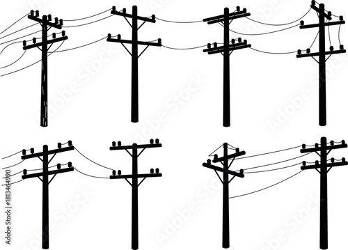 Utility pole silhouette set, electrical distribution structures, crossarm configurations, power line vector, infrastructure icons - flavector