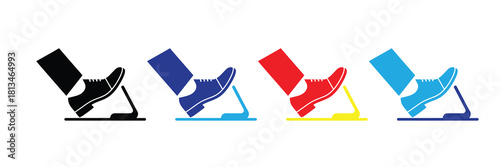 Four diverse colored shoes pressing down on pedals, representing action, control, input, and decision-making in business and technology contexts. isolated on white background