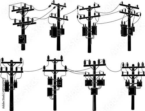 Utility pole silhouette set, electrical transformer vector, power line infrastructure, energy distribution illustration, black icons
