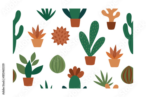 A vibrant seamless pattern of various stylized cacti and succulent plants in terracotta pots, isolated on a white background illustration