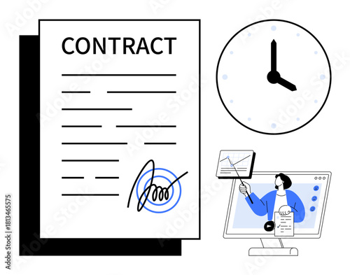 Contract signing concept. A document with a signature, clock tracking time, and online presentation the contract process. Contract use in business, law, education, workflow, and organization