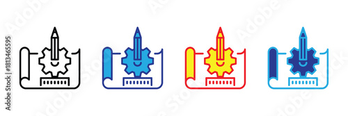 Conceptual icon depicting a pencil and gear on blueprint symbolizing engineering design, innovation, creativity, and planning process, isolated isolated on white background