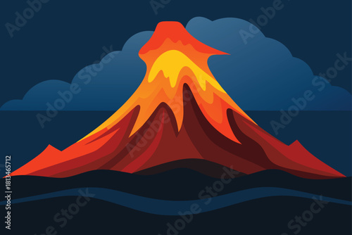 Vibrant erupting volcano showing lava flow at night Vector