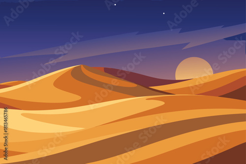Desert sand dunes at twilight with moon or sun set Vector