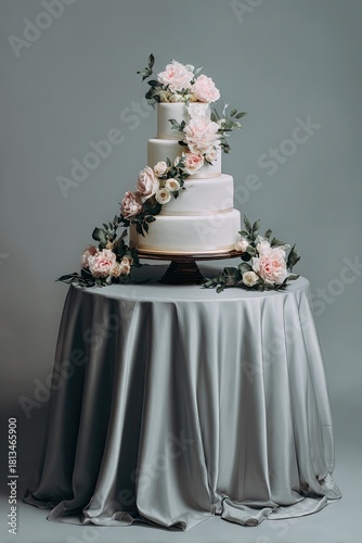 Elegant, layered wedding cake adorned with pastel pink flowers and greenery, sits on a round gray tablecloth, on a light beige cake stand