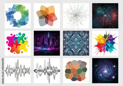 12 distinct images in a grid format showing abstract shapes cityscape soundwaves kaleidoscope galaxy and color bursts