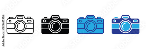 Collection of diverse camera icons: outline, filled black, solid blue, and two-tone blue, isolated on white for versatile design applications. isolated on white background