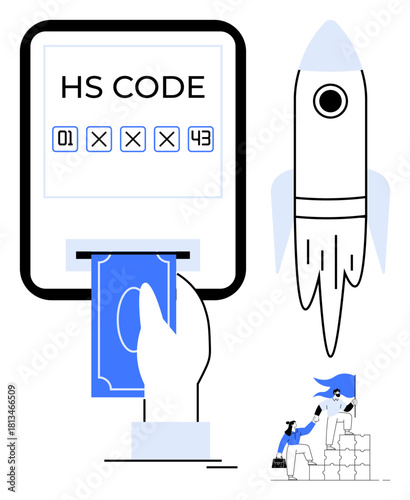 Hand entering numeric data, rocket representing innovation and growth, team collaborating to overcome challenges. Ideal for trade, innovation, teamwork, goal-setting, success, automation efficiency