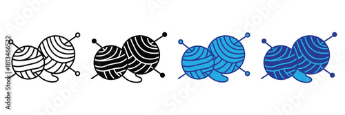 Icon set of two yarn balls with knitting needles, illustrating crafting, hobbies, and textile creation in outline, filled, and colored styles. isolated on white background