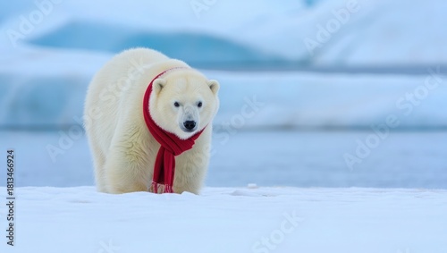 Polar bear wearing red scarf on snow arctic