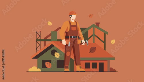 Construction worker in autumn colors performing renovation and maintenance on houses