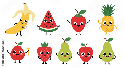 Cute cartoon fruits with faces, smiling and waving in a playful pattern.