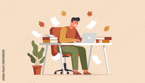Angry stressed man working hard at a messy office desk Deadline pressure and autumn workload concept