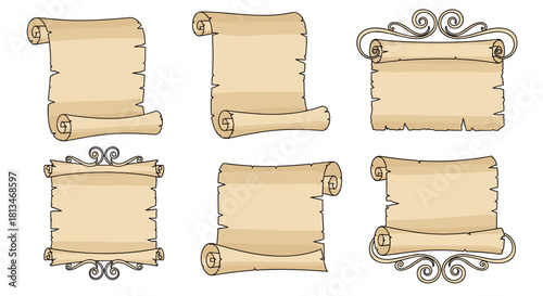 A collection of six vintage-style parchment scrolls, some with decorative flourishes.