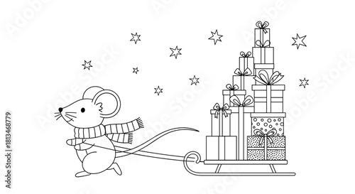 Cute mouse wearing a scarf pulls a sleigh piled high with Christmas presents through a starry night.