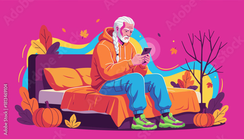 Older man texting on smartphone while relaxing on a bed in a vibrant autumn vector illustration