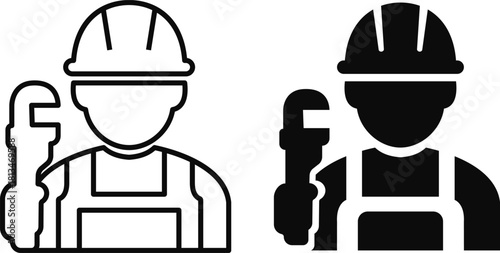 Construction worker icon set builder plumber painter welder engineer maintenance labor character vector pack, black and white and solid professional industry tool avatar symbols for service and repair