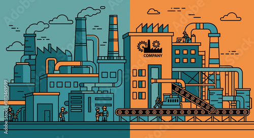 Stylized industrial factory illustration showing production line workers and heavy manufacturing complex