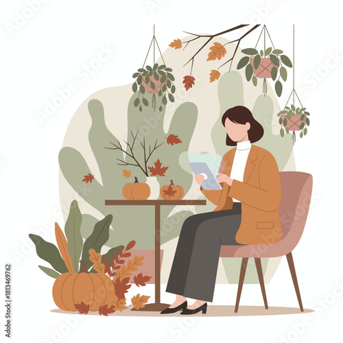 Woman using a digital tablet in a cozy autumnal setting Remote work reading or leisure
