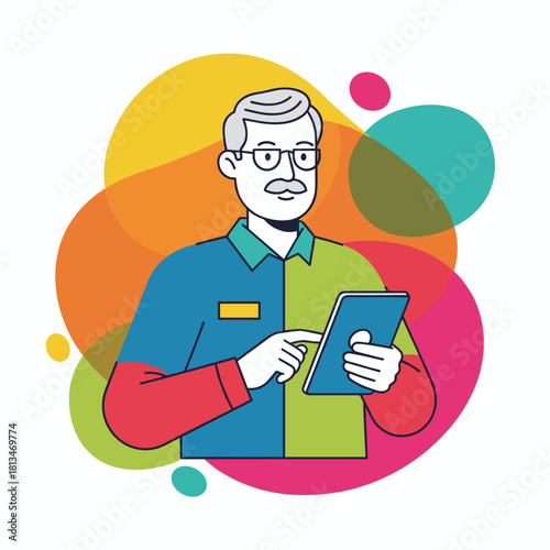Mature service worker using a digital tablet for updates Technology and business illustration