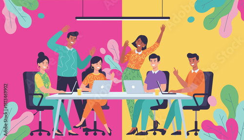 Energetic diverse business team celebrating success and collaboration in a vibrant office illustration