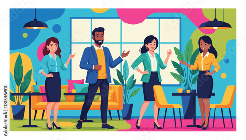 Diverse business professionals smiling in a vibrant modern office or coworking space illustration