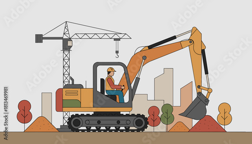 Flat vector illustration of an excavator operator and crane on a city construction site