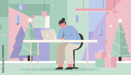Tired woman working on laptop in a festive office illustrating holiday burnout and stress