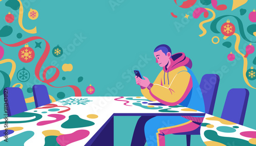 Illustrated man uses a smartphone at a colorful holiday table surrounded by Christmas decorations