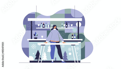 Woman standing at a stylish winter bar decorated with snowflakes and pine trees