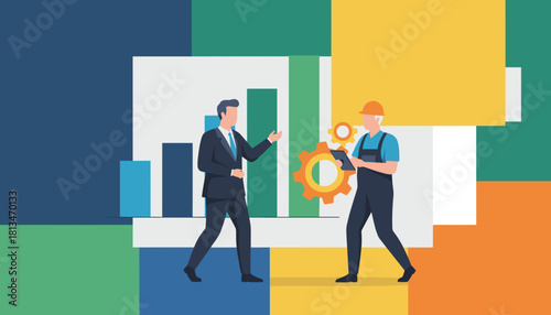 Manager and engineer analyze performance data showing industrial strategy and teamwork