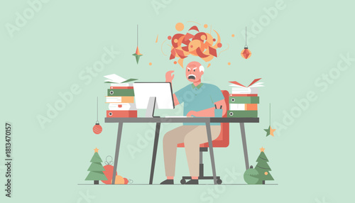 Office stress Angry man overwhelmed by work deadlines during the holidays