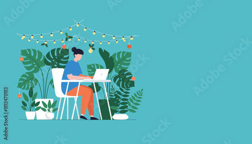 Working remotely on a laptop in a cozy festive home office with plants Holiday productivity