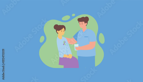 Healthcare worker supports patient with illness awareness ribbon and water