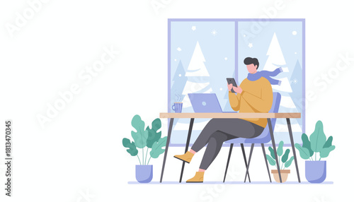 Remote work concept Man using phone and laptop indoors with a snowy window view Cozy winter office