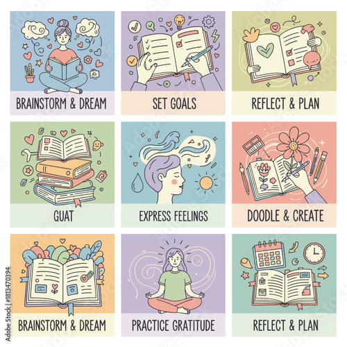 Cartoon illustrations of journaling for mental health planning creativity reflection and selfimprovement