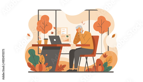 Stressed senior worker dealing with burnout or deadline pressure at office desk in autumn