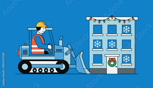Construction worker drives a track loader past a building decorated for Christmas