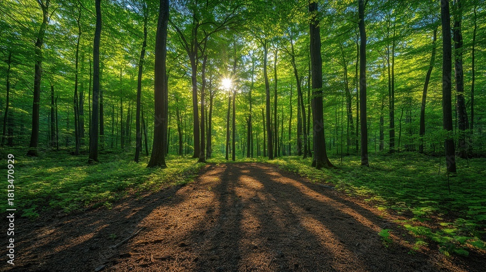 Fototapeta premium Sunlight streams through a dense forest