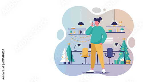 Professional talking on phone in a modern office decorated for the Christmas holidays